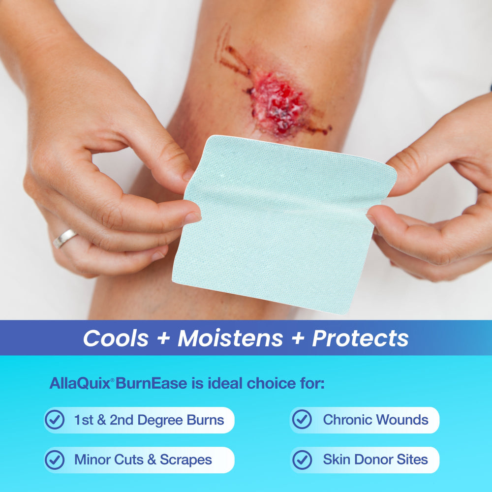 Applying AllaQuix BurnEase pad to skin wound for cooling and protection