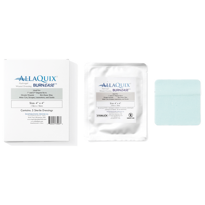 Box contents of AllaQuix BurnEase showing sterile pack and hydrogel burn pad
