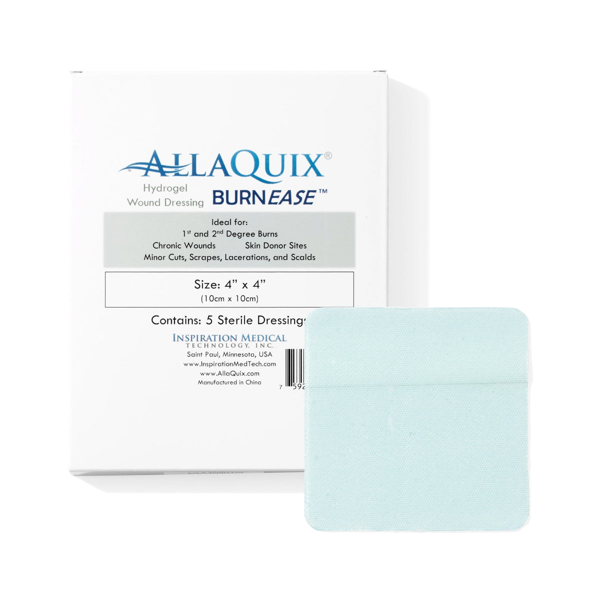 AllaQuix BurnEase Hydrogel Wound Dressing 4x4 inch box with sterile burn pad
