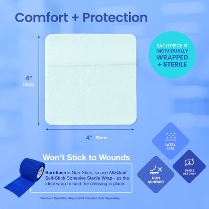 AllaQuix BurnEase dressing dimensions and instructions to use with sterile wrap