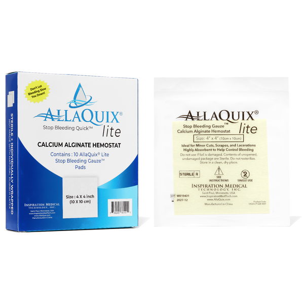AllaQuix Lite Stop Bleeding Gauze 4x4 shown with product box and individual packaging