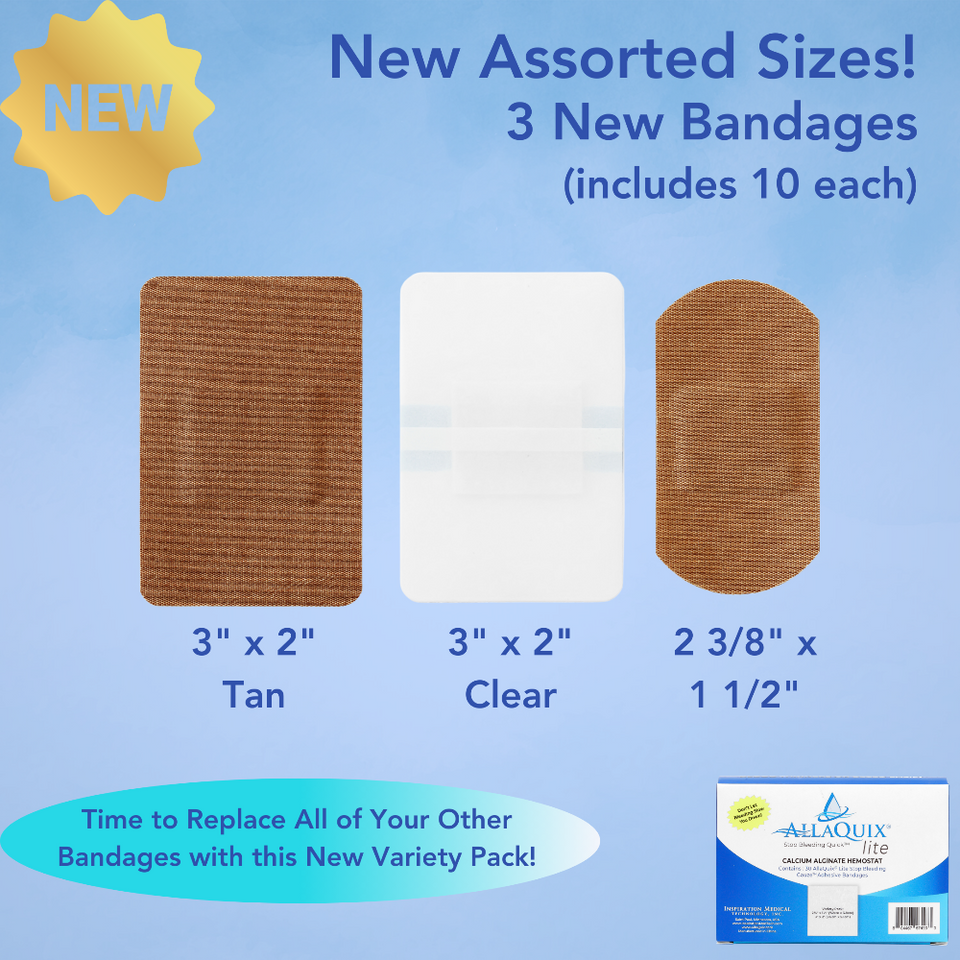 AllaQuix Lite adhesive bandages in assorted sizes including tan and clear styles