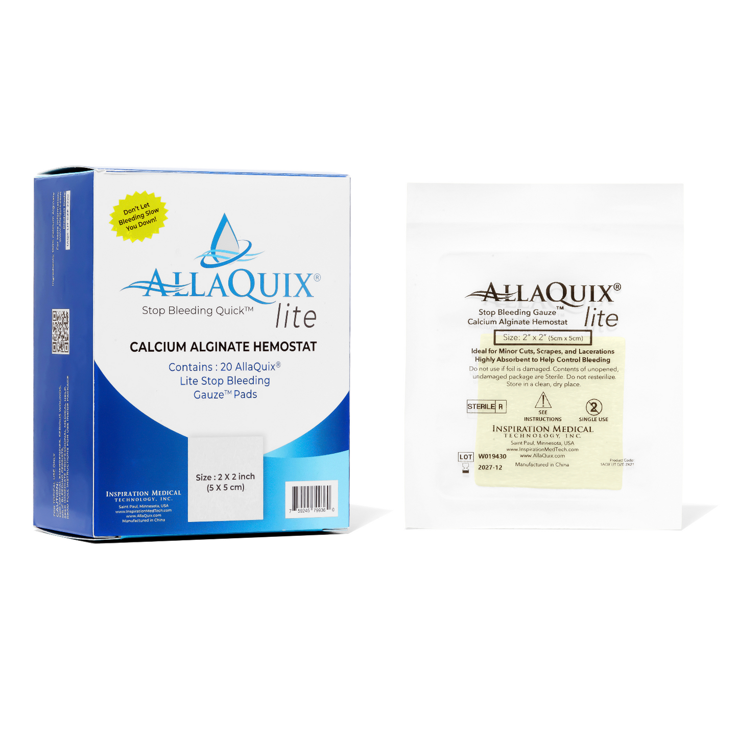 AllaQuix Lite Stop Bleeding Gauze 2x2 with retail box and individual sterile pouch