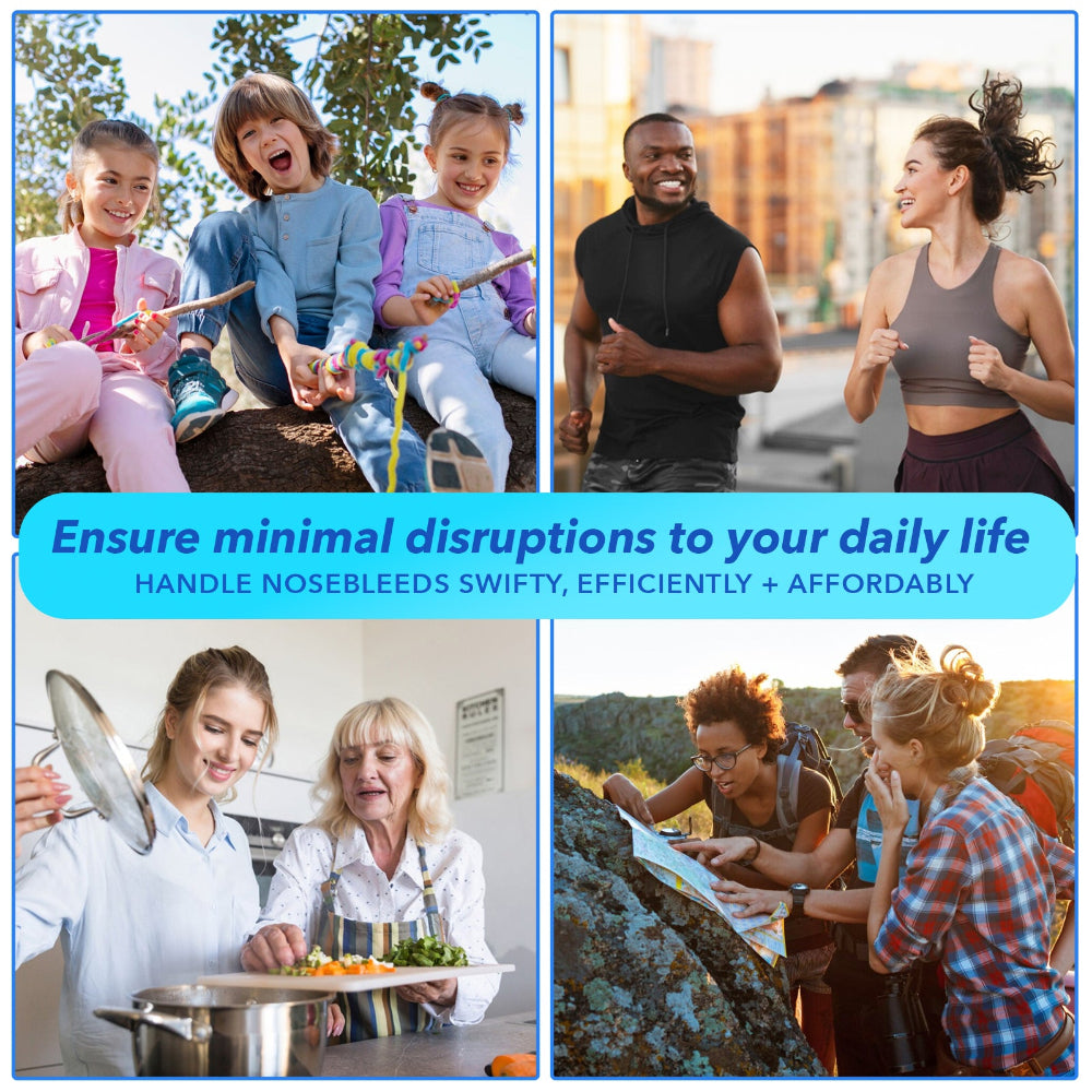Happy people in various settings showing how AllaQuix minimizes disruption from nosebleeds