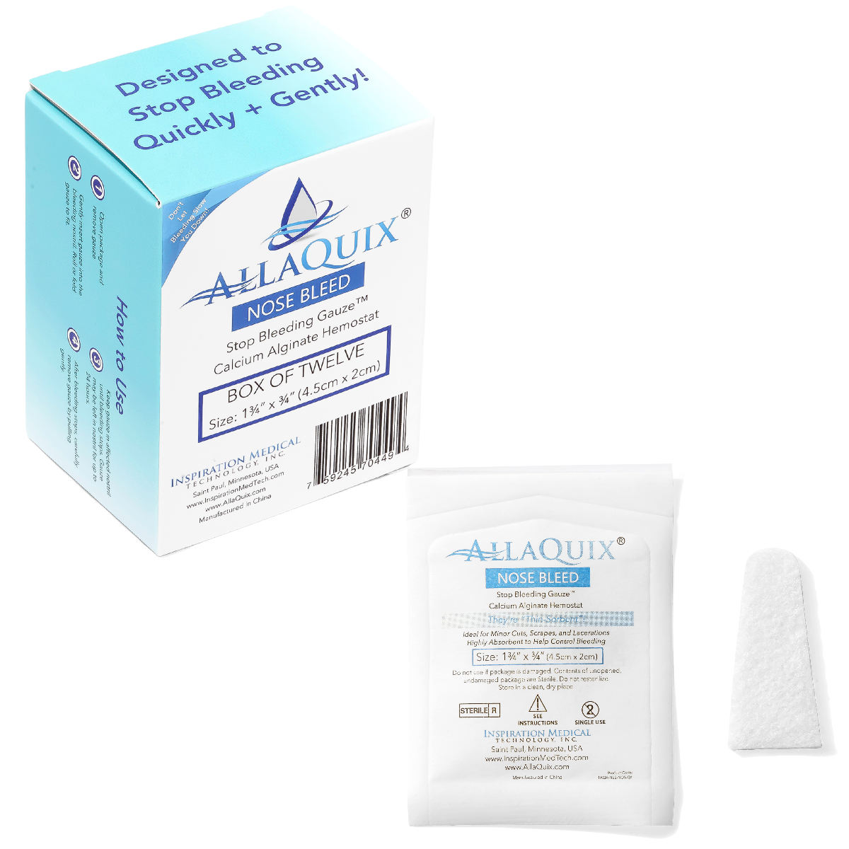 AllaQuix Nose Bleed Stop Bleeding Gauze box, packet, and nasal plug shown together