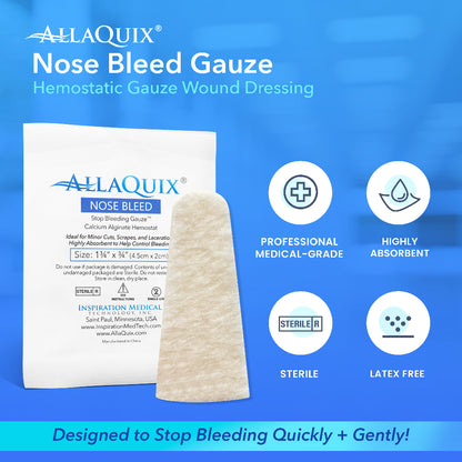 AllaQuix Nose Bleed packaging with icons highlighting features like latex-free, sterile, and highly absorbent