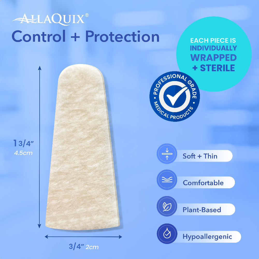 Close-up of AllaQuix nasal plug with size dimensions and key features like soft, plant-based, and sterile