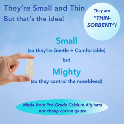 Graphic showing AllaQuix nosebleed plug being small and thin but highly absorbent and effective