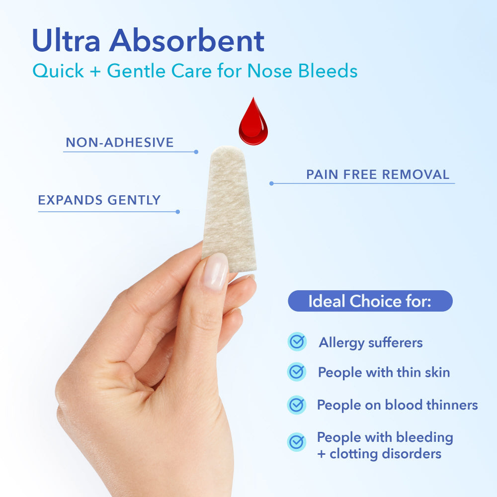 Hand holding AllaQuix nasal plug showing its gentle expansion and benefits for nosebleed control