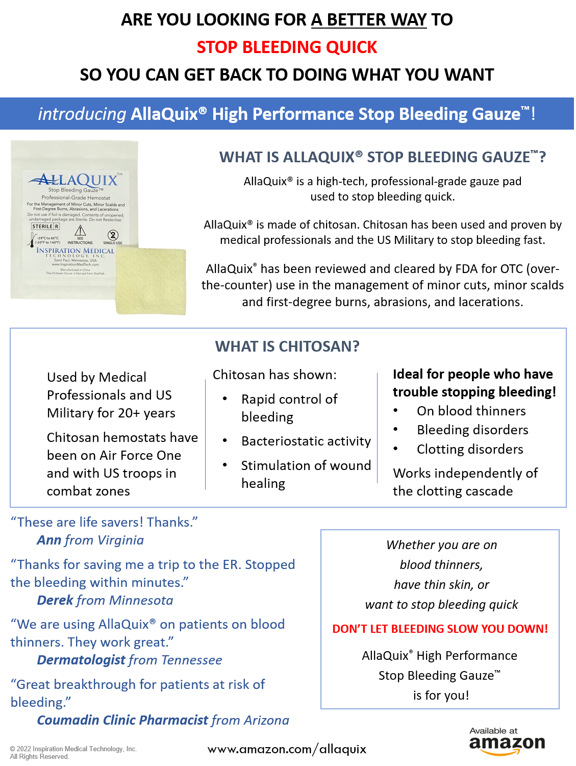 HTC - AllaQuix Stop Bleeding Gauze (LARGE 2" x 2") - Box of 10